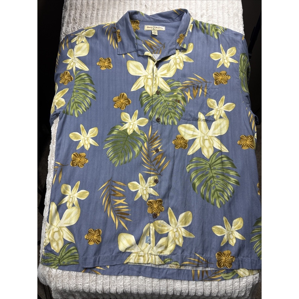 Tommy Bahama Silk Camp Shirt Mens XL Navy Blue‎ Tropical Floral Hawaiin Summer